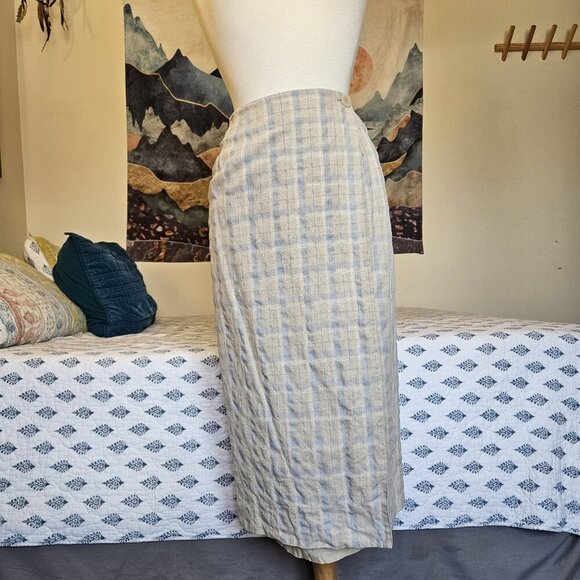 Vintage Talbots Linen Blend Wrap Skirt Size 8 Blue Beige Check Plaid Midi USA - Picture 7 of 14